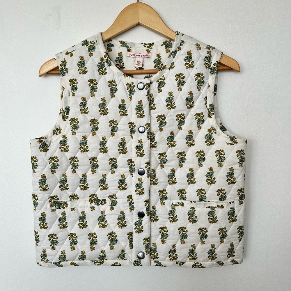 Lucky Brand Quilted Floral Vest Cotton Boho Cottagecore XS NWT